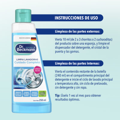 Limpia Lavadoras (Carbon Activado) 250ml - Dr Beckmann - instrucciones de uso