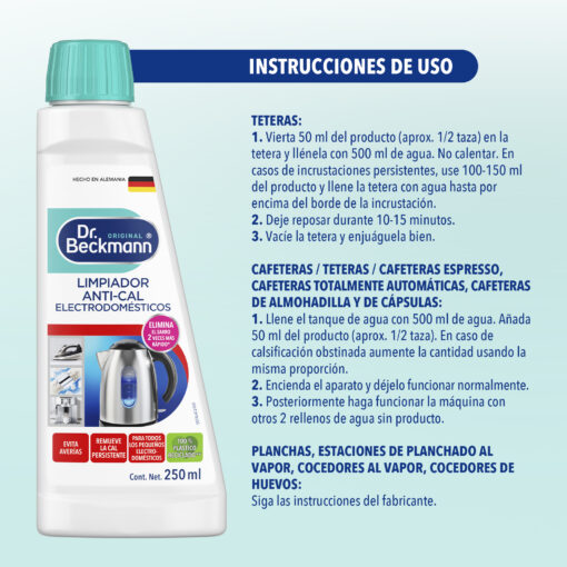 Limpiador Anti-Cal Electrodomesticos 250ml - Dr Beckmann - instrucciones de uso