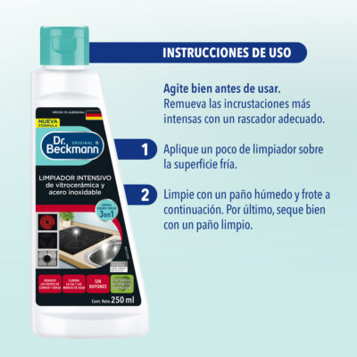 Limpiador Intensivo de Vitrocerámica y Acero Inoxidable 250 ml - Dr Beckmann - instrucciones de uso