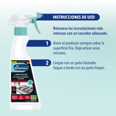 Limpiador de Acero Inoxidable y Estufas 250 ml - Dr Beckmann - instrucciones de uso