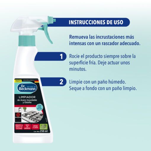 Limpiador de Acero Inoxidable y Estufas 250 ml - Dr Beckmann - instrucciones de uso