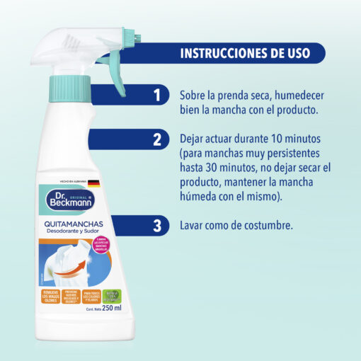 QUITAMANCHAS Desodorante y Sudor 250ml - Dr Beckmann - instrucciones de uso
