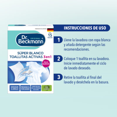 Súper Blanco Toallitas Activas 15ct - Dr Beckmann - instrucciones de uso